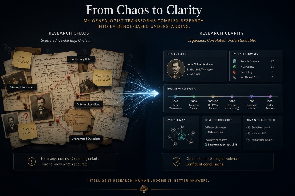 Illustration comparing scattered, conflicting genealogy research on the left with organized evidence, visible conflicts, and a clearer research picture on the right.