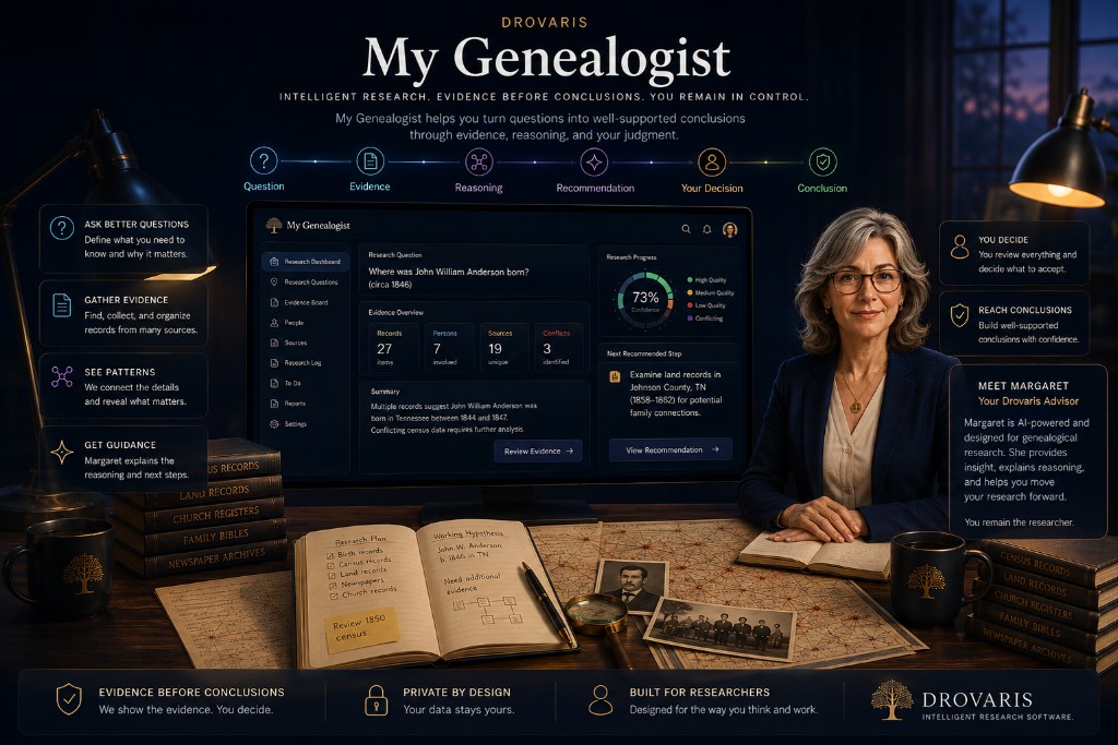 Illustration of the My Genealogist research workspace with an evidence dashboard, research materials, and the Drovaris Advisor Margaret, framed by the question-to-conclusion workflow.